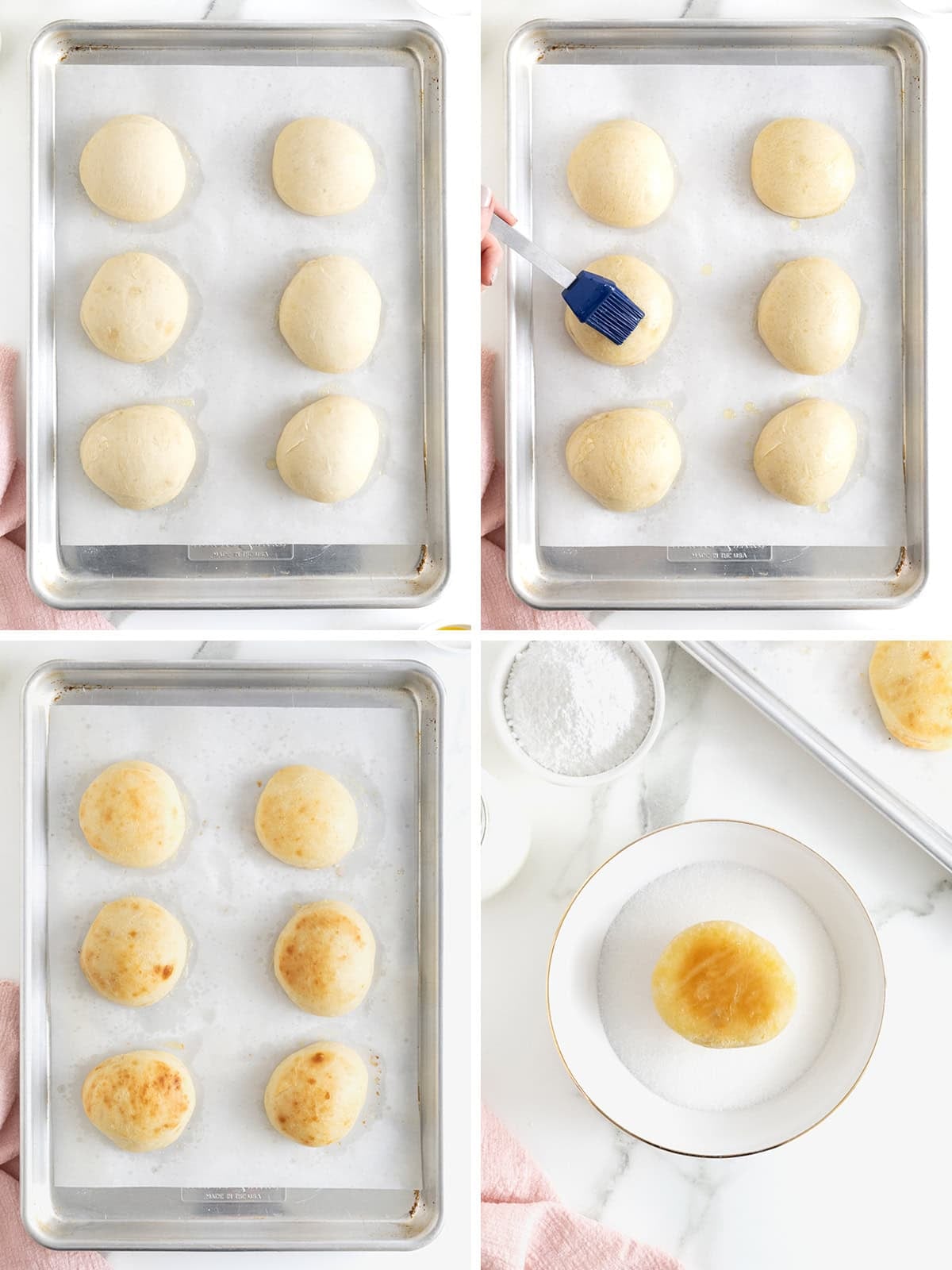 Steps to make cream filled donuts.