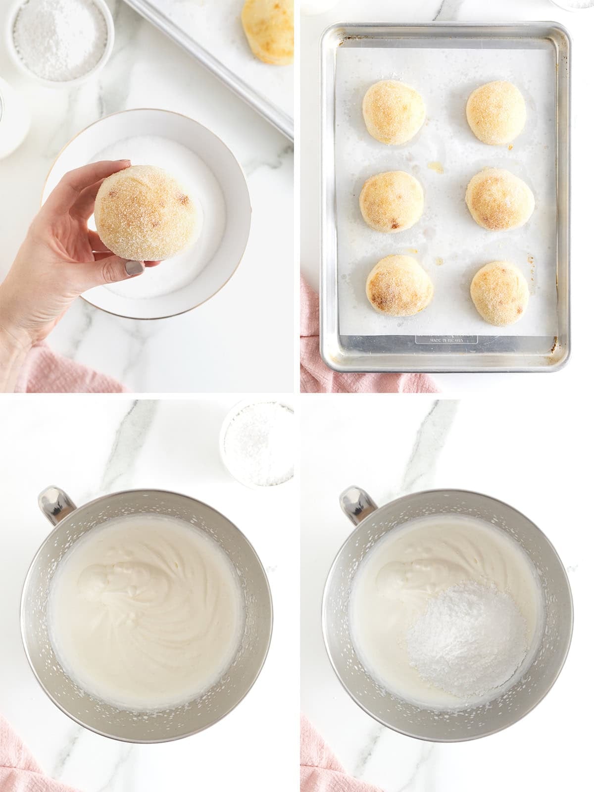 Steps to make cream filled baked donuts.