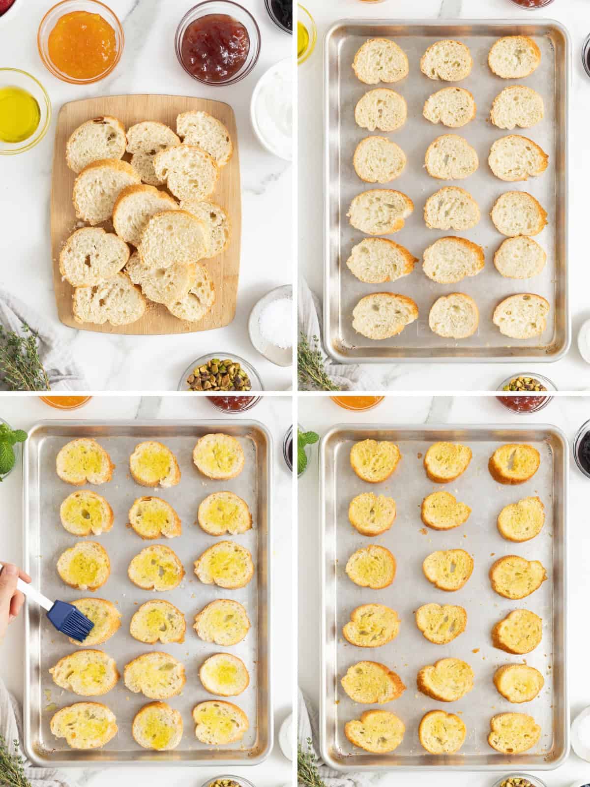 Steps to make crostini for a labneh toast board.