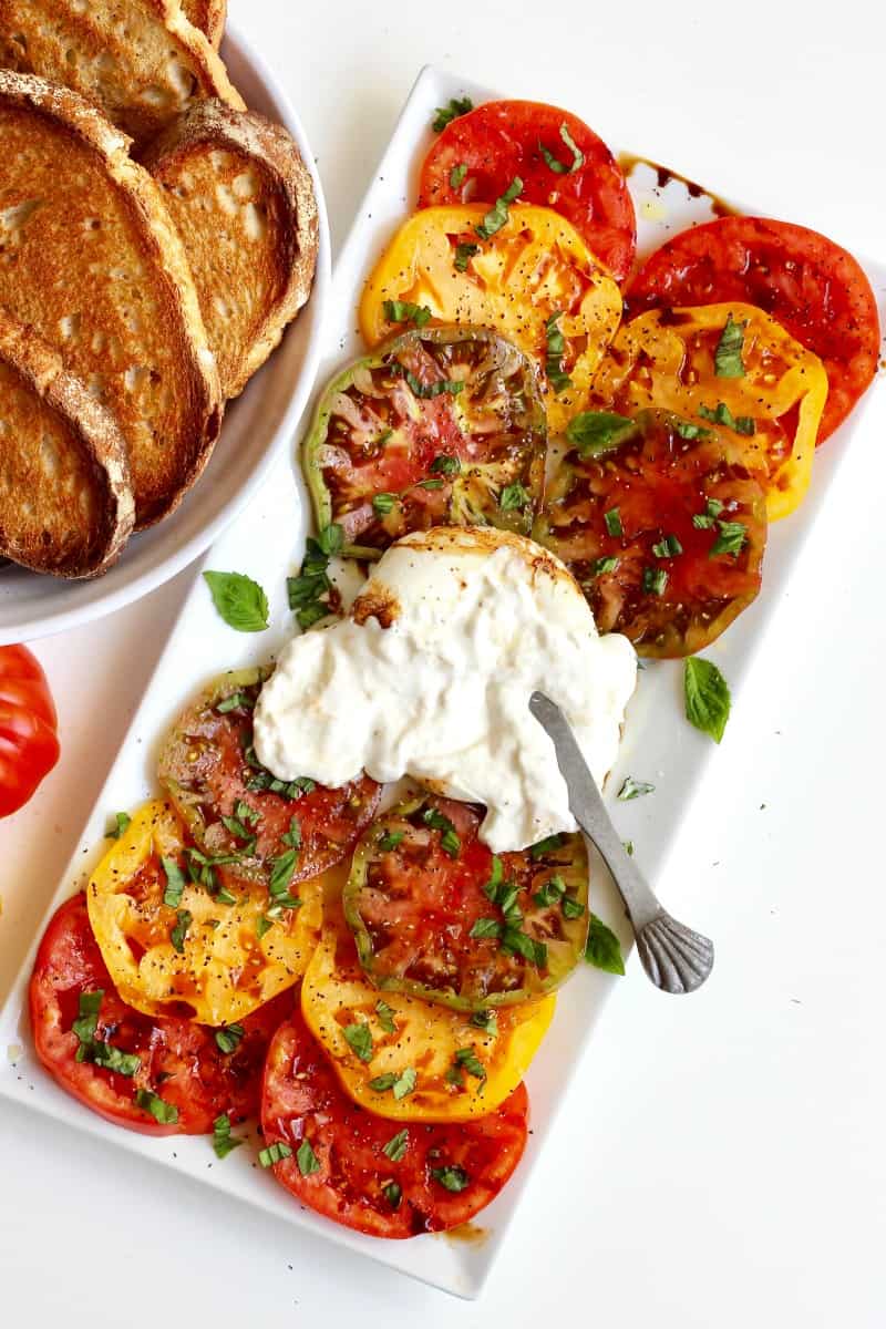 Burrata and Heirloom Tomatoes with Toasted Bread