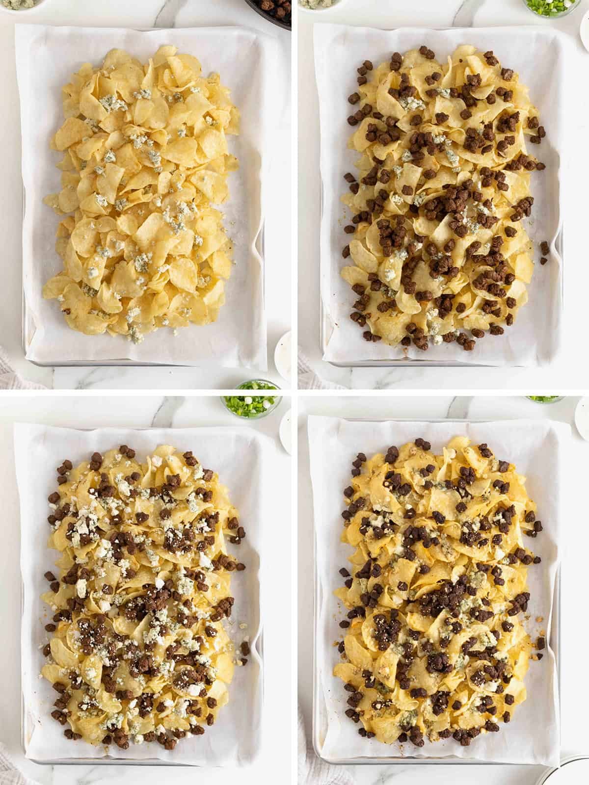 Steps to make blackened steak and blue cheese nachos.