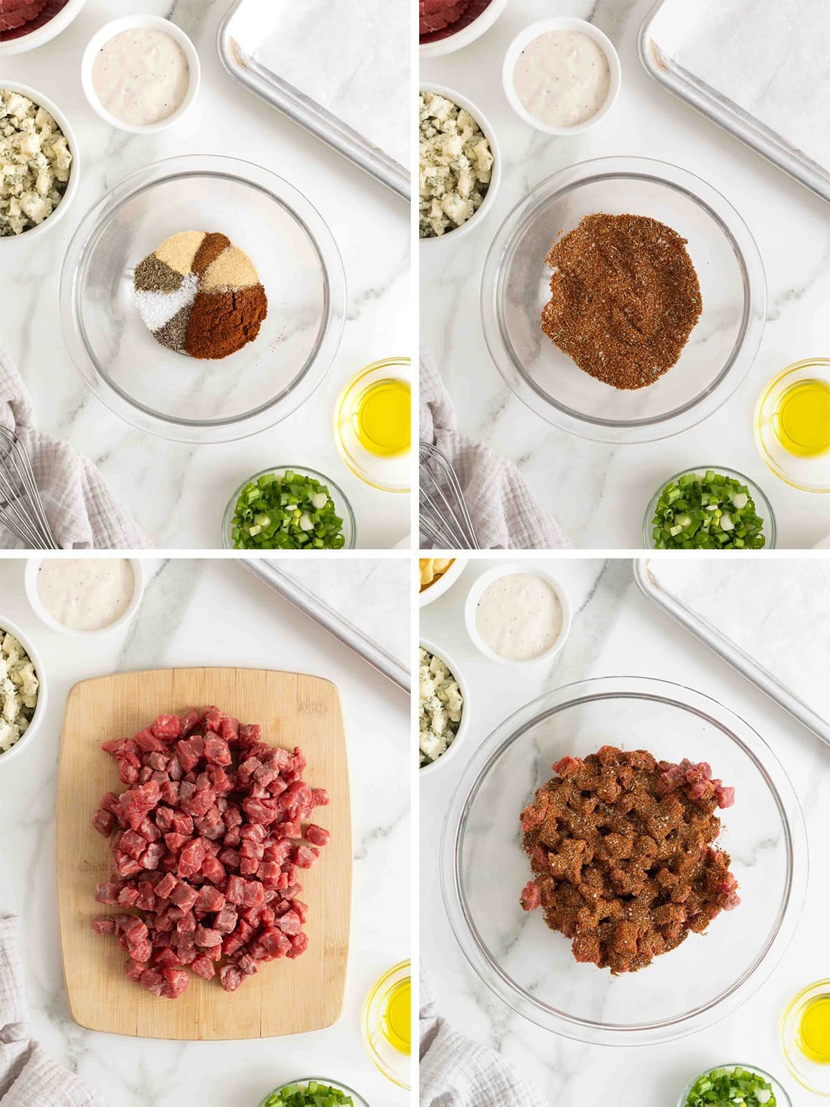 Steps to make black and blue steak nachos.