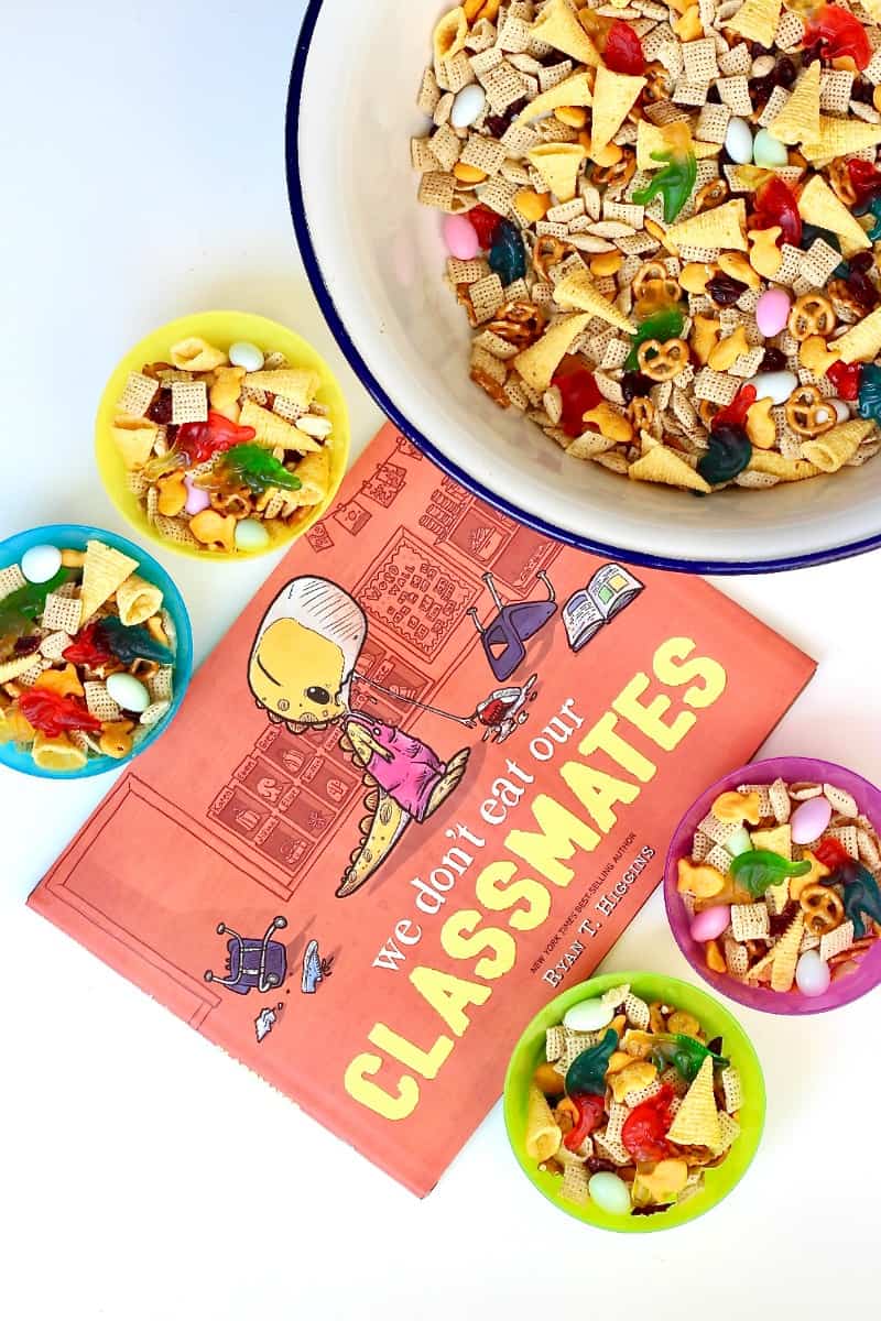 Dino-Mite Snack Mix + Back to School Book Review of We Don't Eat Our Classmates by Ryan T. Higgins