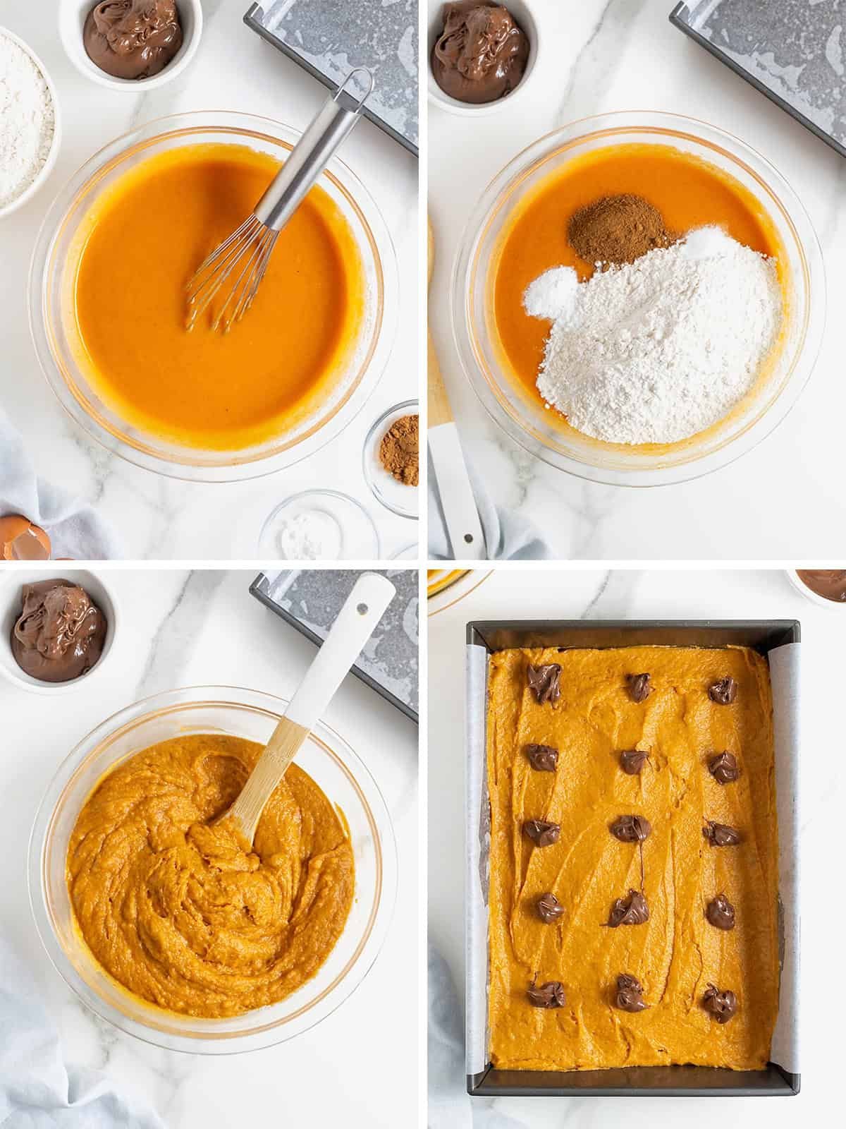 Steps to make Nutella swirled pumpkin cake.