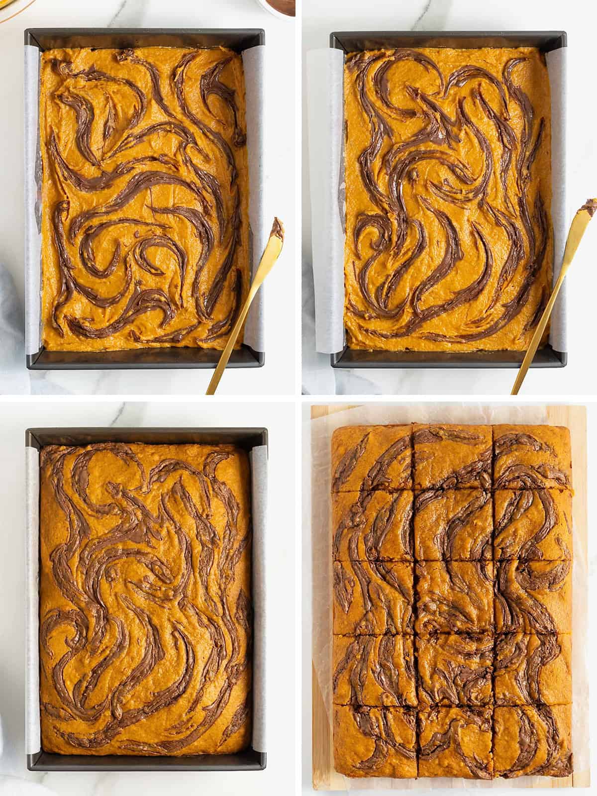 Steps to make Nutella swirled pumpkin cake.
