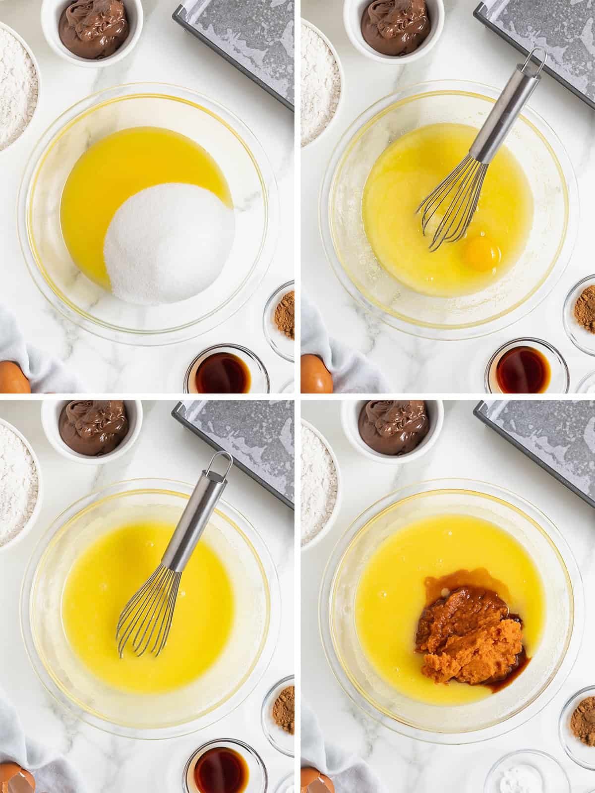 Steps to make Nutella Swirled Pumpkin Cake Bars.
