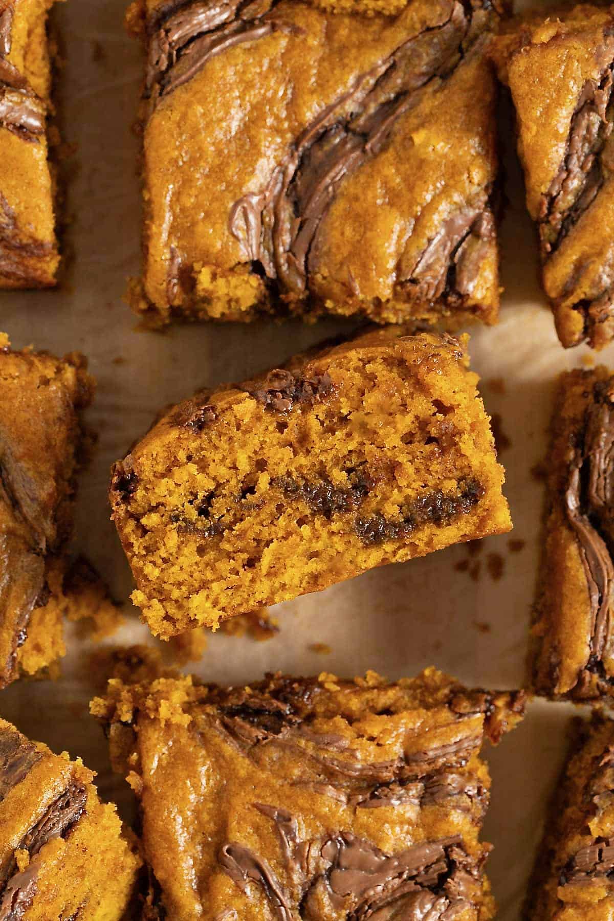 Pumpkin bars with Nutella swirled in them.