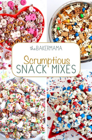 Valentine's snack mix, after school snack mix, birthday snack mix and a Fourth of July snack mix.