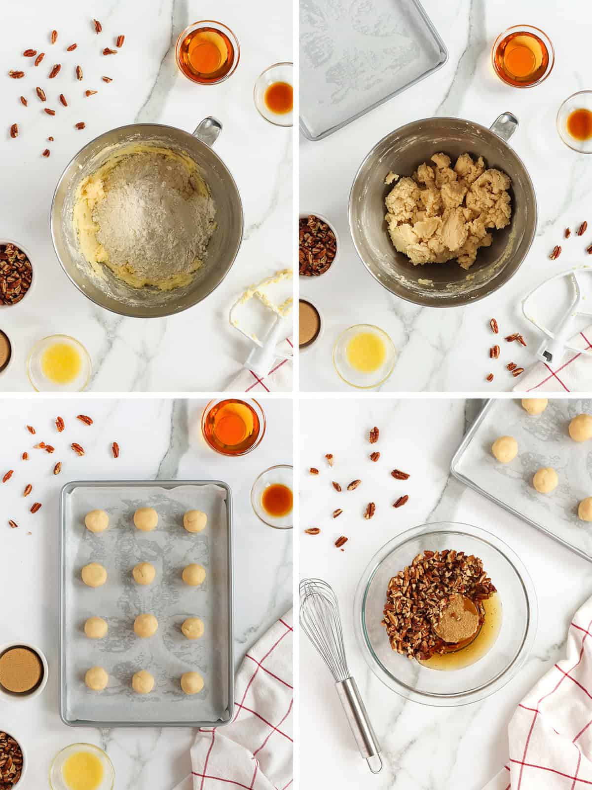 Steps to make pecan pie thumbprint cookie dough and filling.