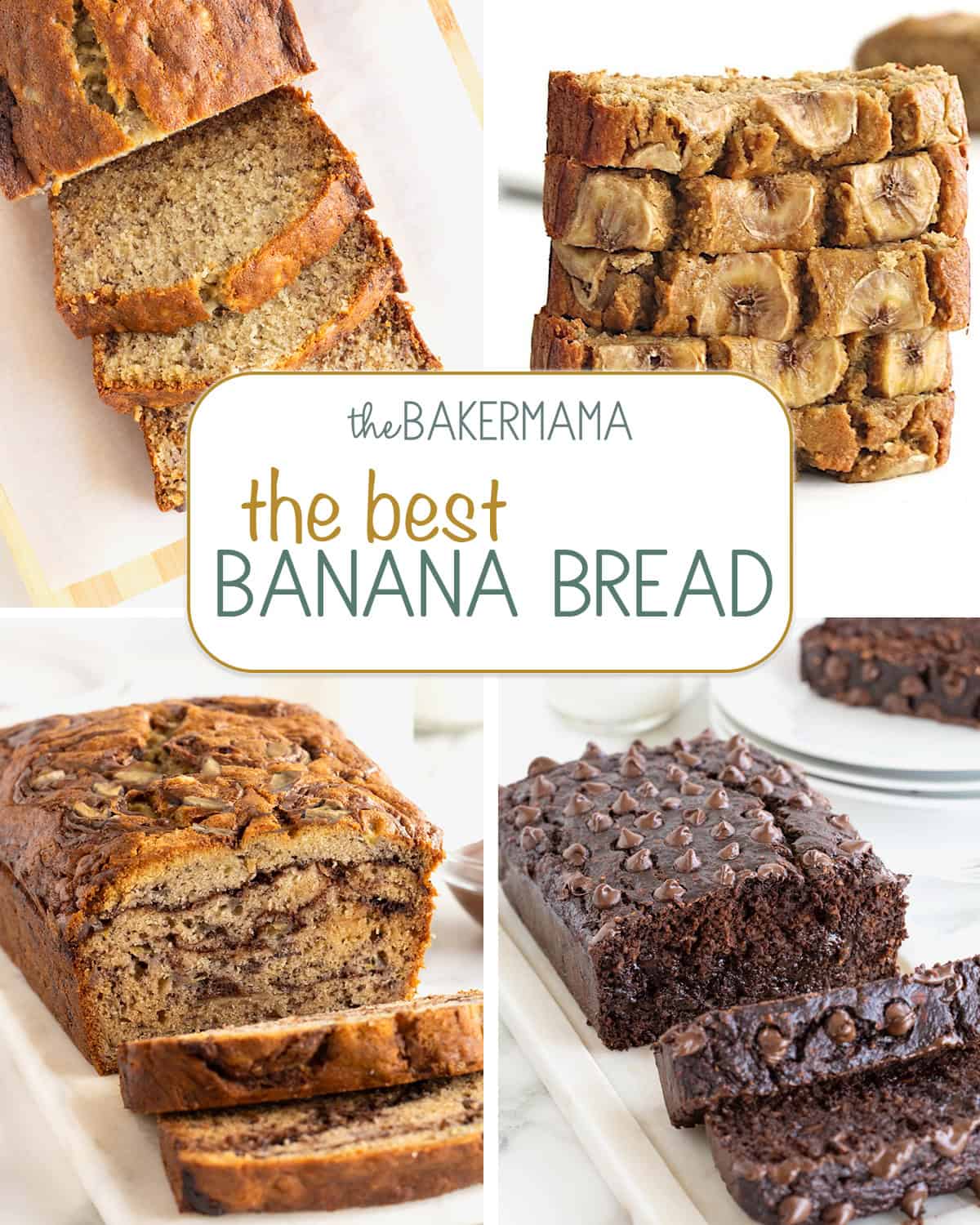 Classic banana bread, flourless banana bread, Nutella swirled banana bread, and healthy chocolate banana bread.