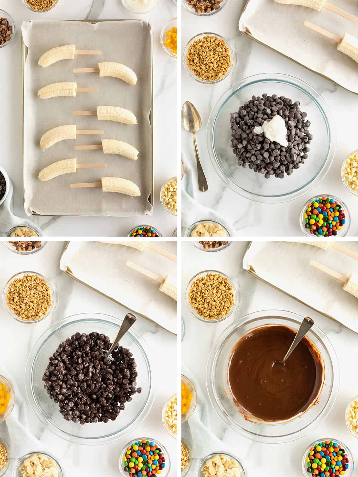 Steps to making chocolate covered frozen bananas.