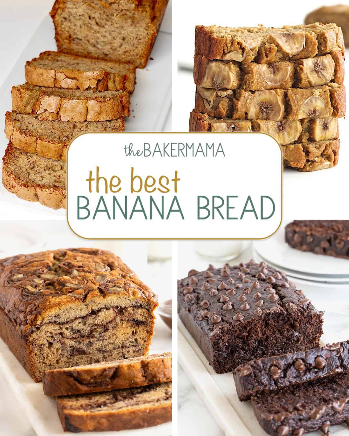 Classic Banana Bread, Flourless Banana Bread, Nutella Swirled Banana Bread, Flourless Chocolate Banana Bread.