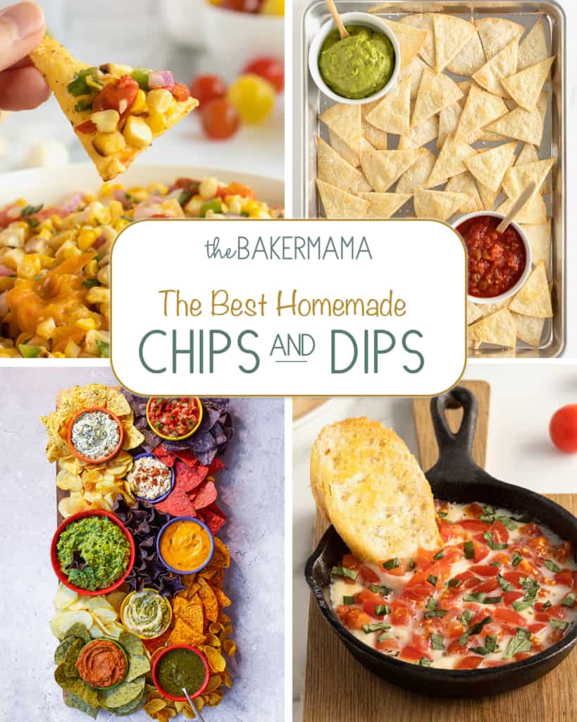 Grilled corn salsa, baked tortilla chips, chips and dips board and skillet caprese dip.