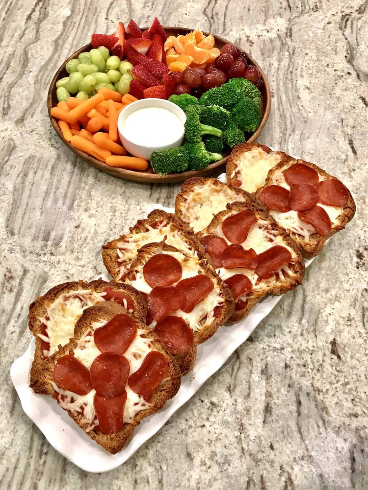 Pizza Toast with a Fruit and Veggie Board by The BakerMama