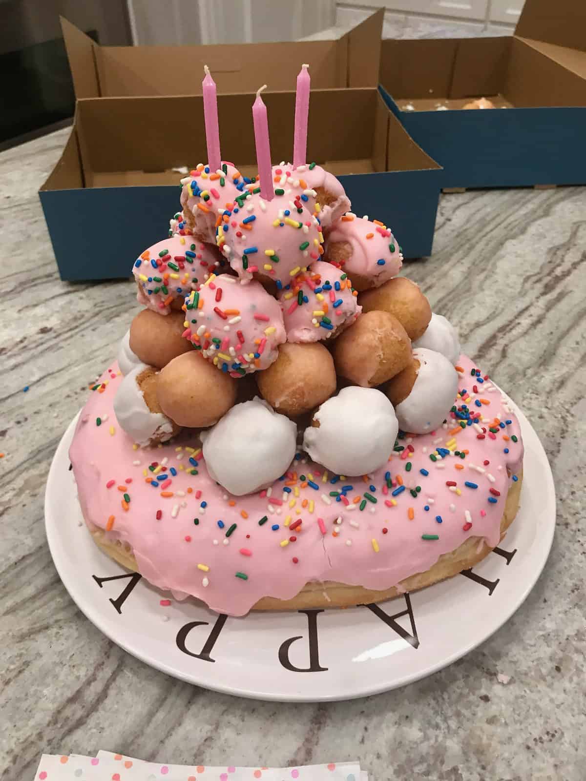 Brookie's Third Birthday Donut Cake with Donut Holes by The Bakermama