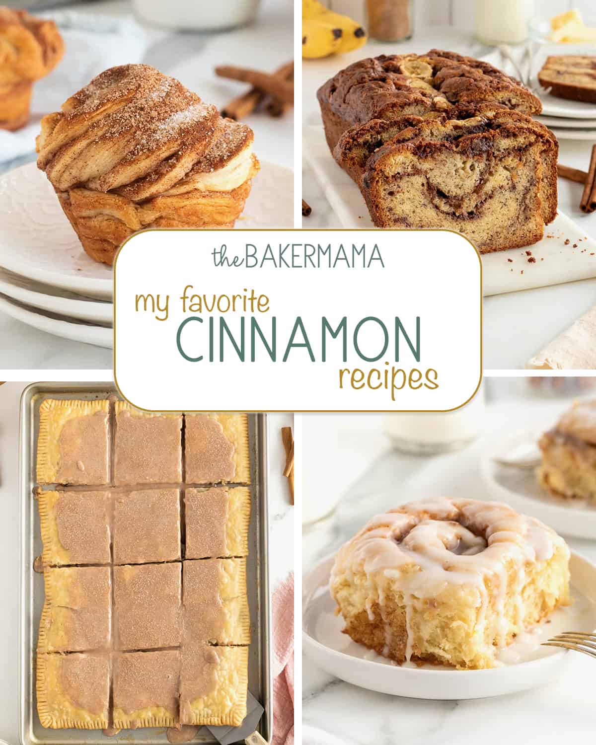 Cinnamon Sugar Cruffin, Cinnamon Swirled Banana Bread, Cinnamon Brown Sugar Sheet Pan Pop Tart, Classic Homemade Cinnamon Roll.