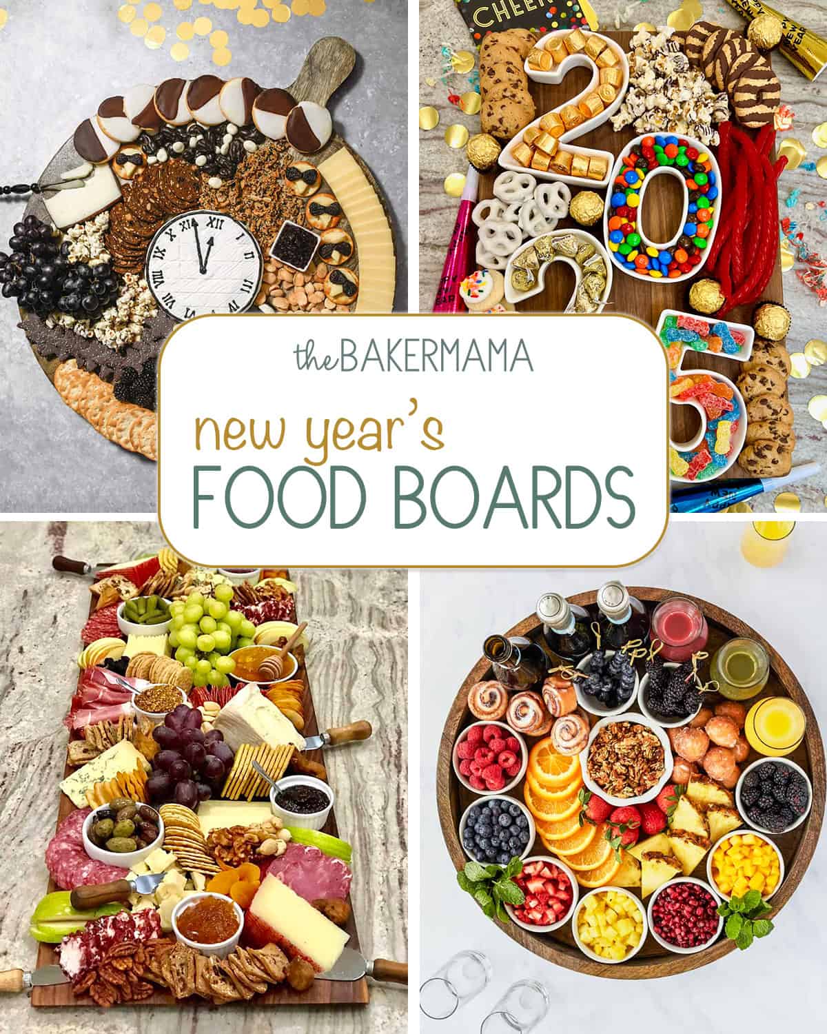 Food boards decorated with New Year's Eve treats.