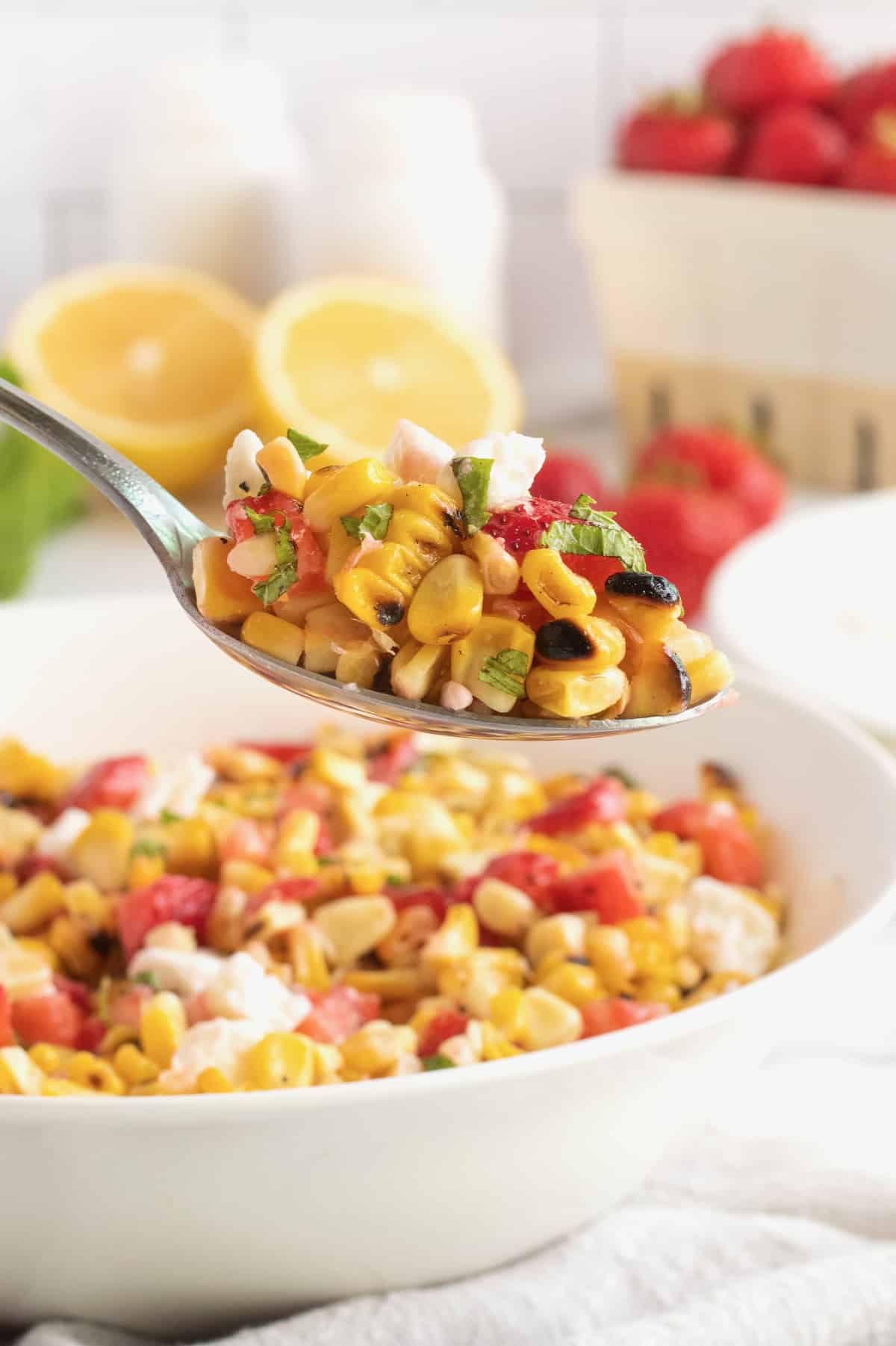 Grilled Corn Salad with Strawberries, Feta and Mint by The BakerMama