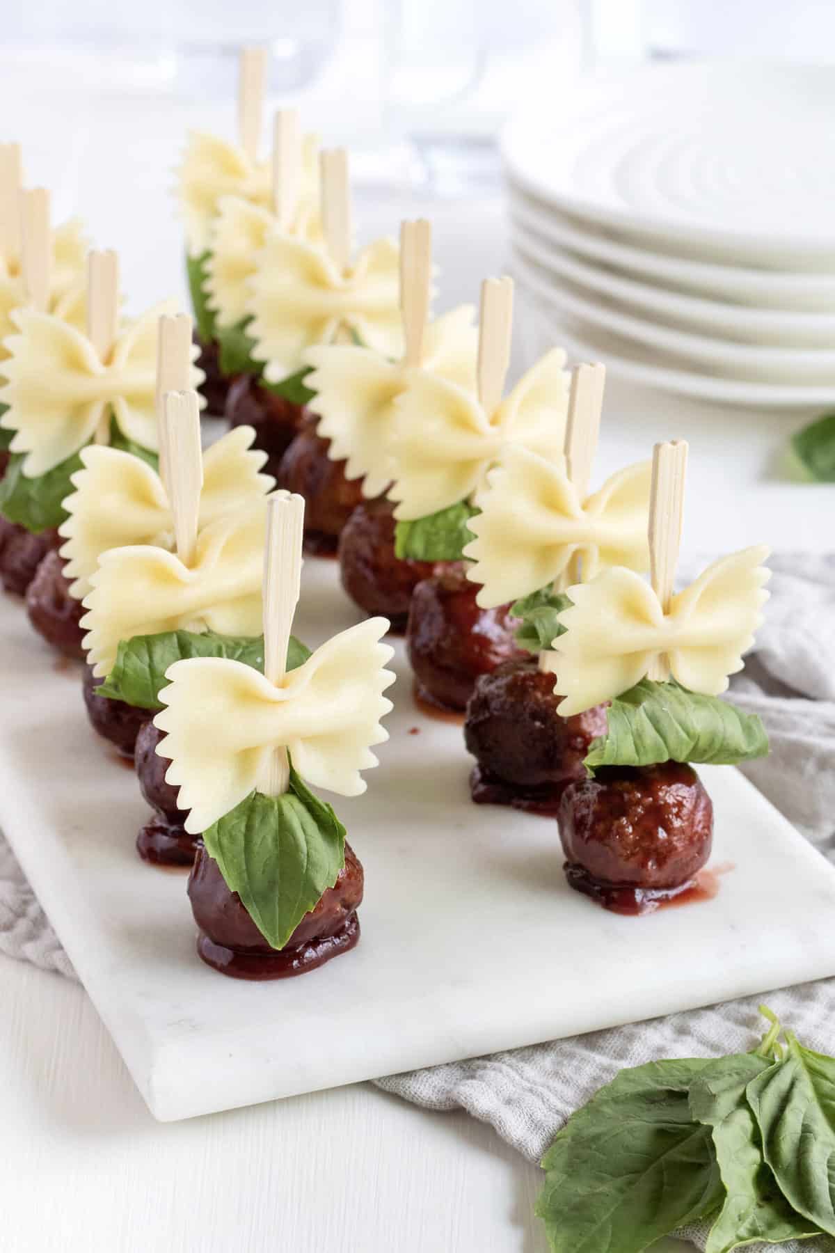 Bowtie Pasta and Meatball Skewers by The BakerMama