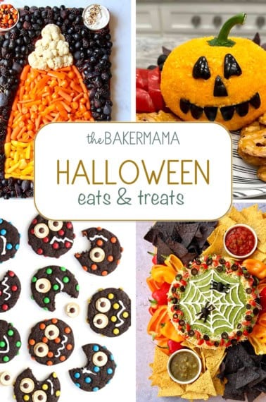 Halloween Eats and Treats with a candy corn snack board, a jack o'lantern pumpkin ball, monster cookies and a spider web seven layer dip board.