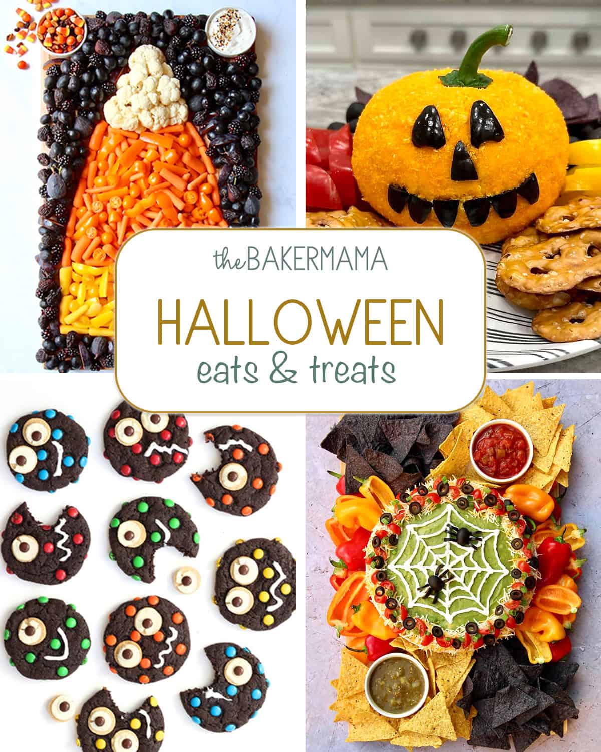Halloween Eats and Treats with a candy corn snack board, a jack o'lantern pumpkin ball, monster cookies and a spider web seven layer dip board.