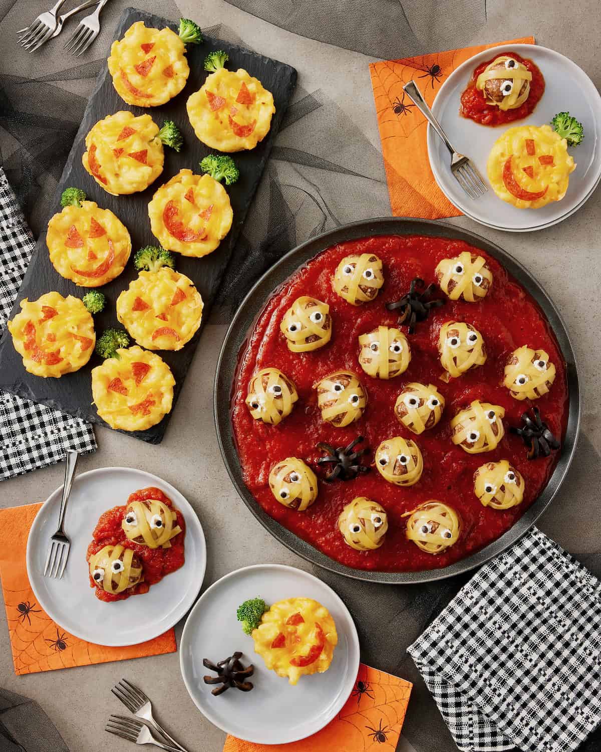 Mummy Meatballs and Jack-o'-Lantern Mac and Cheese Bites.