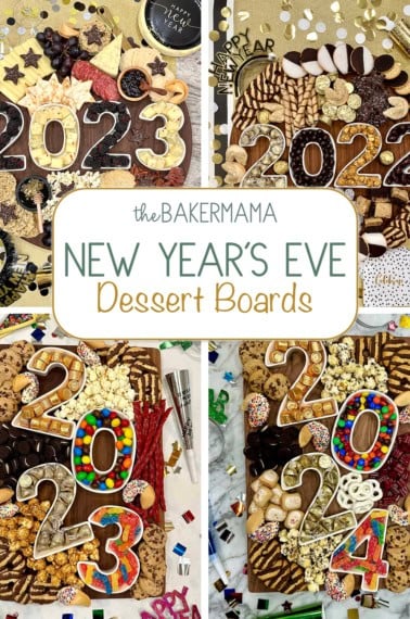 New Year's Eve Dessert boards with candy arranged in number-shaped dishes.