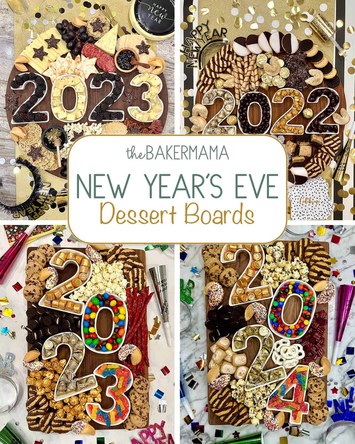 New Year's Eve Dessert boards with candy arranged in number-shaped dishes.