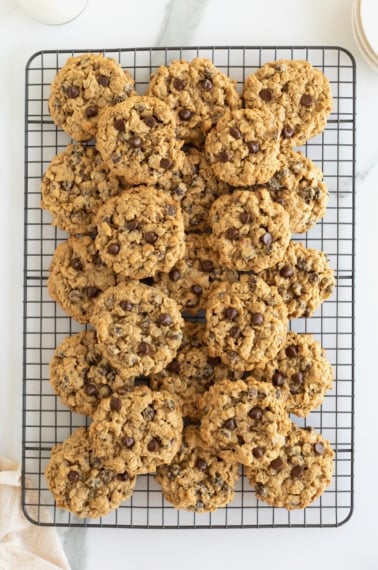 Flourless Oatmeal Chocolate Chip Cookies on a wire cooling rack.