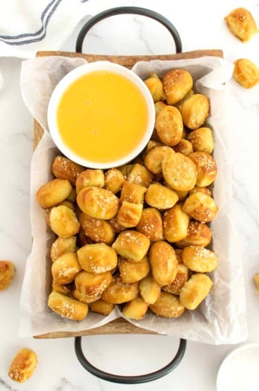 Soft Pretzel Bites with Cheese Sauce by The BakerMama