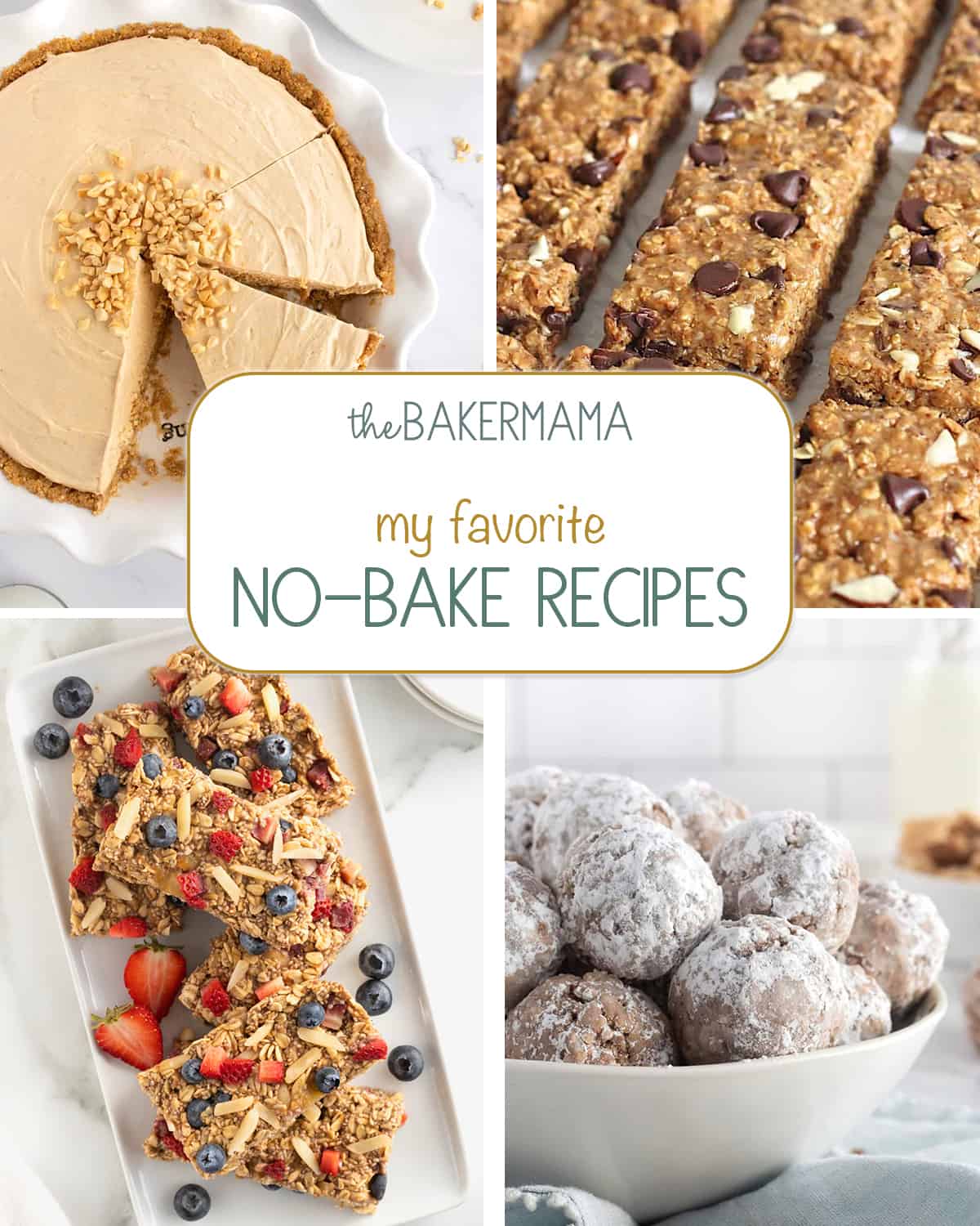 No bake peanut butter pie, 5-ingredient granola bars, overnight oats bars, muddy buddy bites.