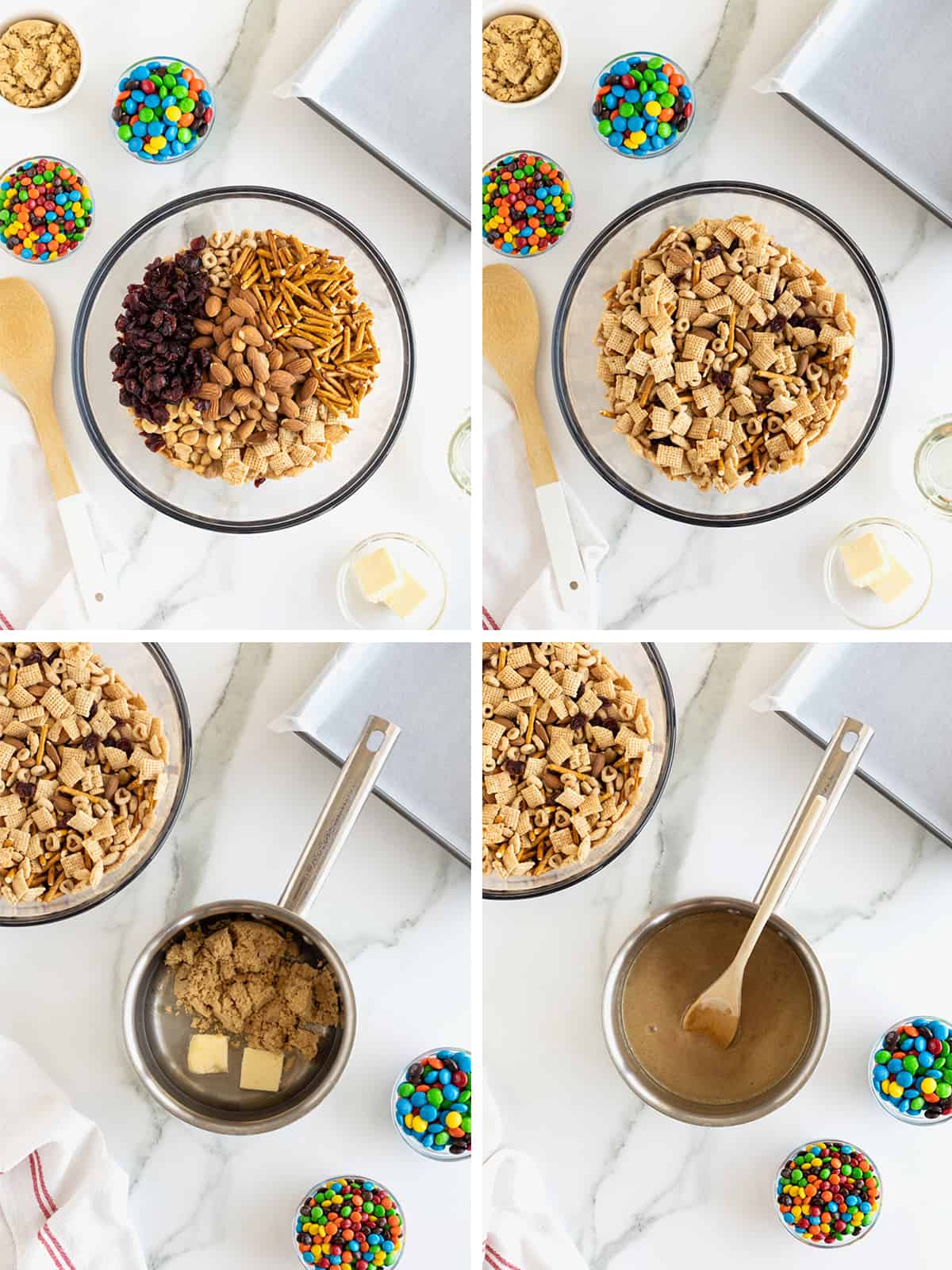 Steps to make no-bake cereal snack mix bars.