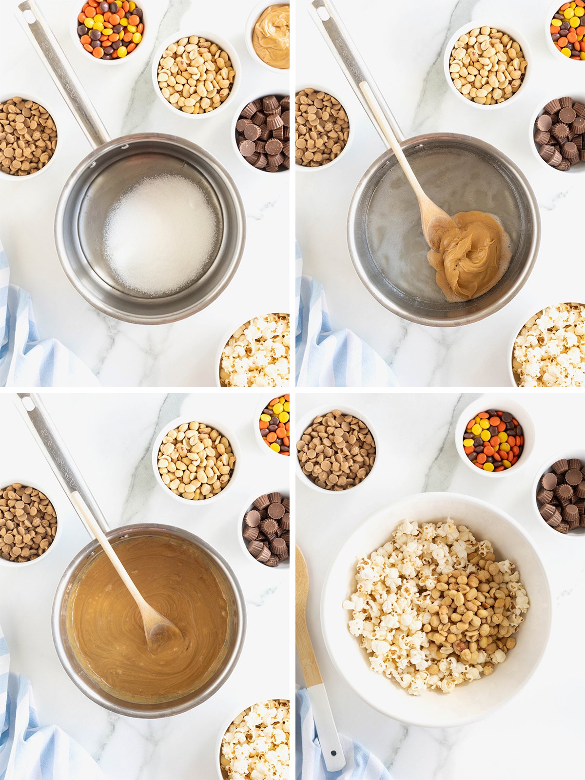 Steps to make Loaded Peanut Butter Popcorn Balls.