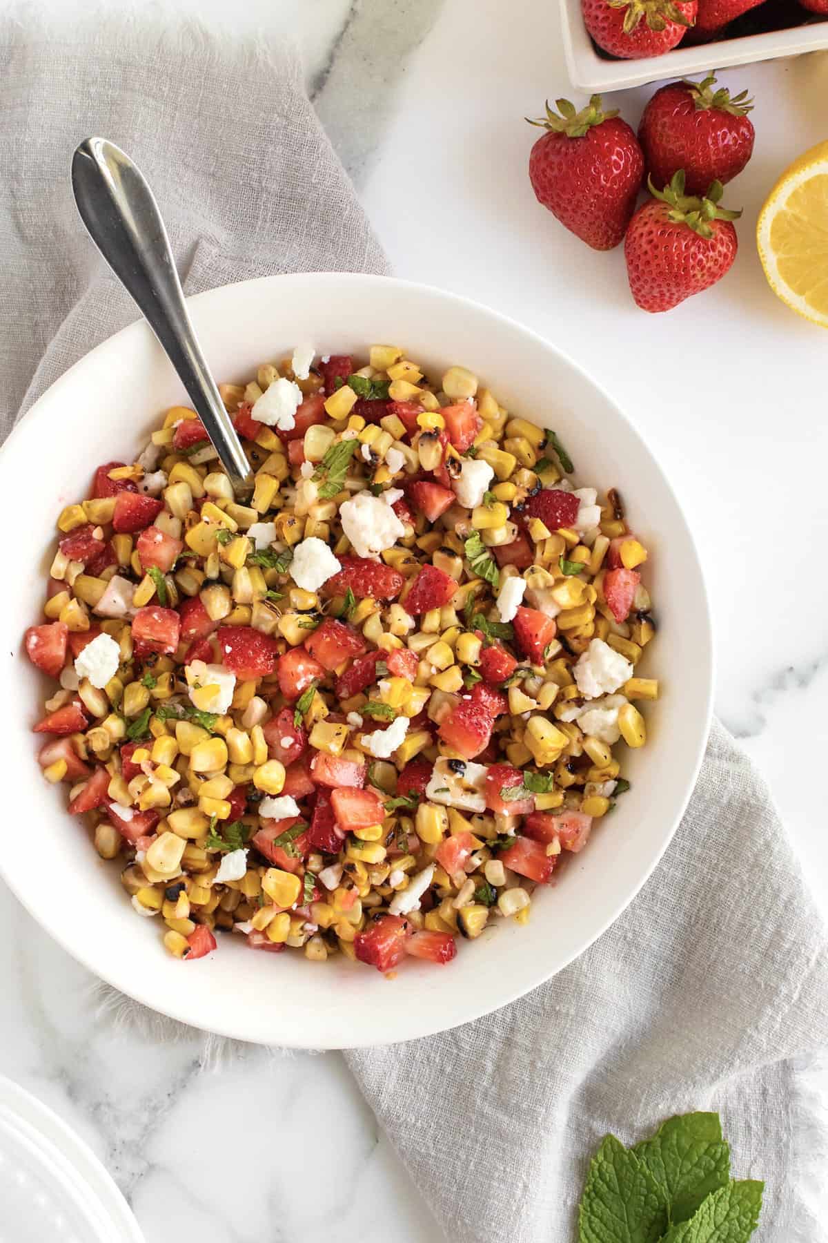 Grilled Corn Salad with Strawberries, Feta and Mint by The BakerMama