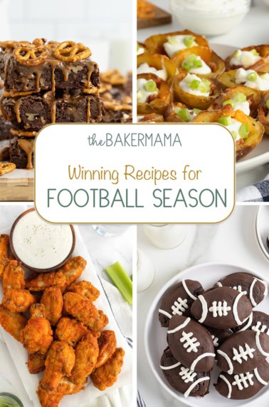 Touchdown brownies, mini potato skins, baked wings, and football whoopie pies.