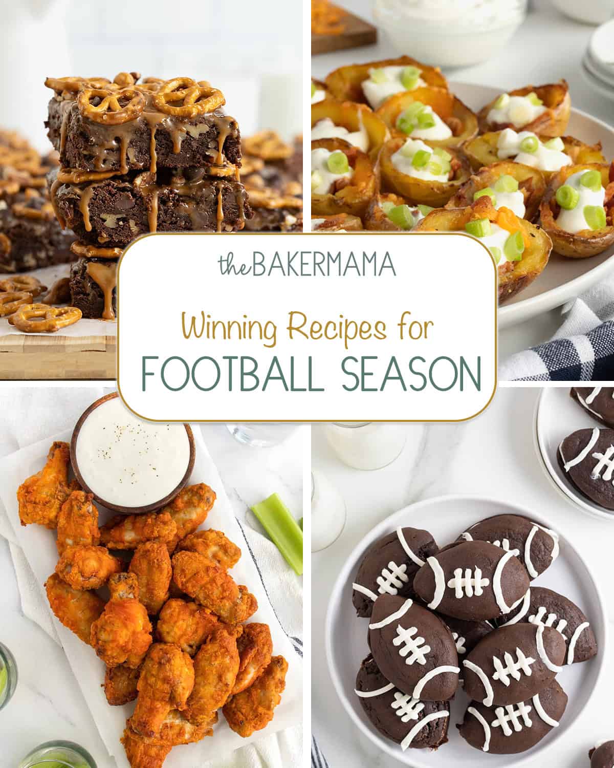 Touchdown brownies, mini potato skins, baked wings, and football whoopie pies.