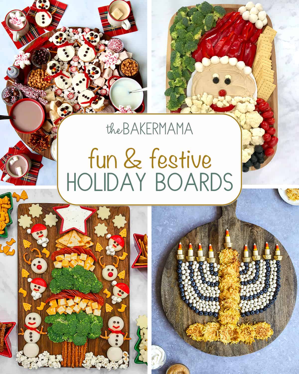 Hot Chocolate Board with Snowmen Scotcheroos, Healthy Santa Snack Board, Kids Christmas Tree Snack Board, Hanukkah snack board