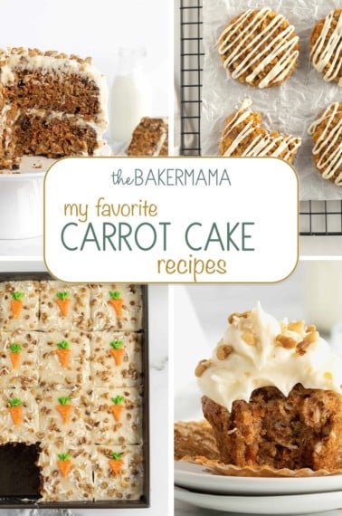 Four carrot cake recipes including coconut carrot cake, carrot cake cookies, carrot sheet cake, and carrot cake cupcakes.