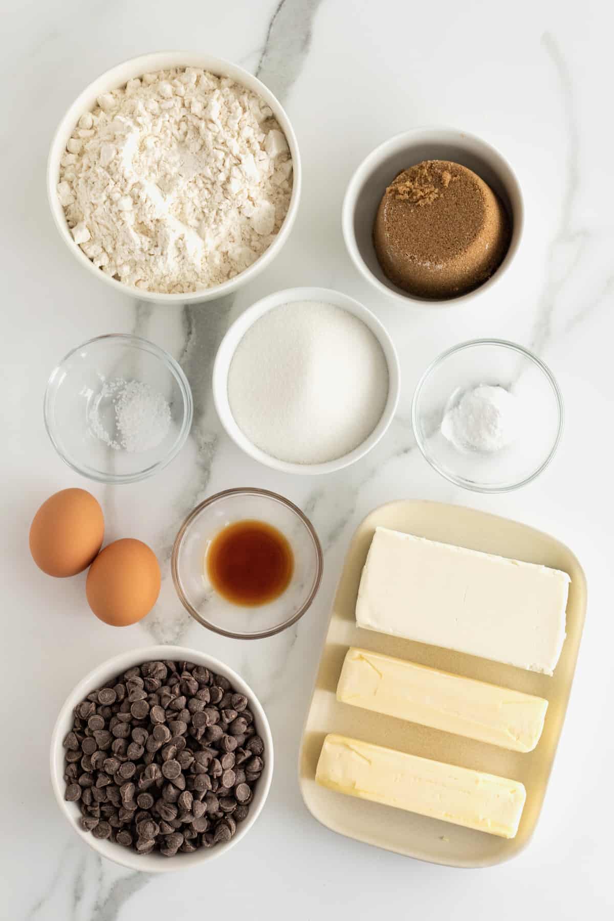 Ingredients for Sheet Pan Chocolate Chip Cookie Bars by The BakerMama