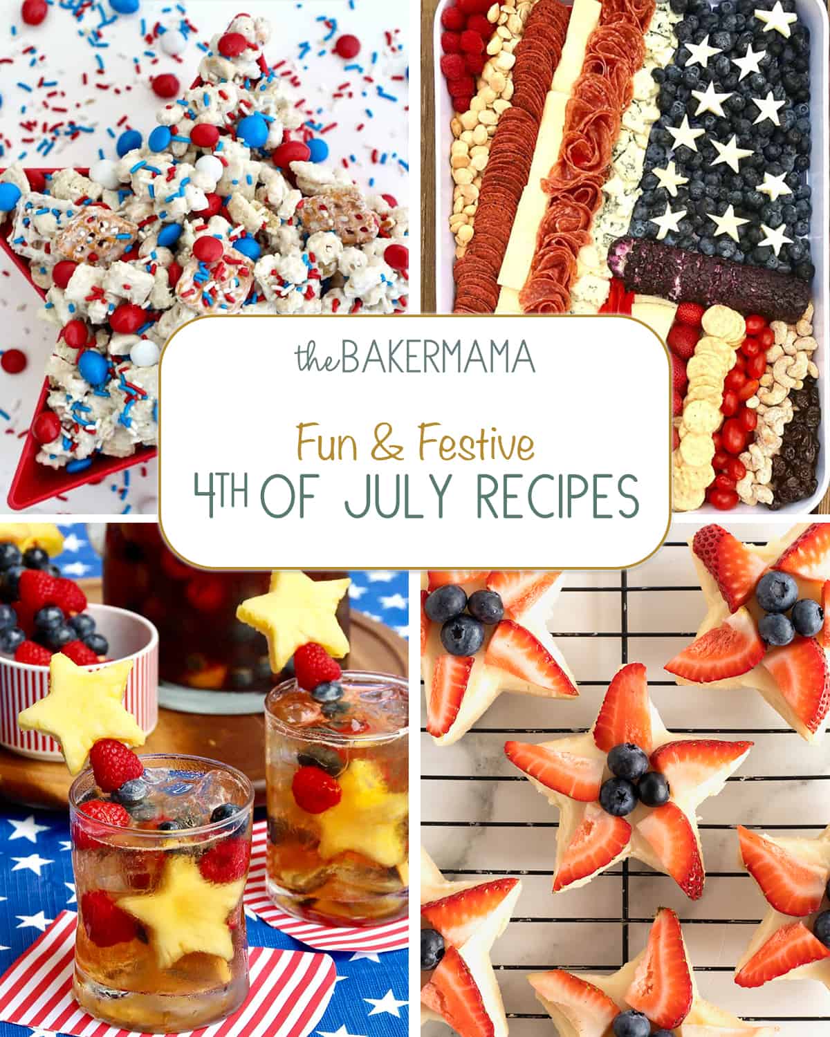 Patriotic party mix, American Flag cheese tray, Sparkling Sweet Tea Sangria, and Fourth of July Star Cookies