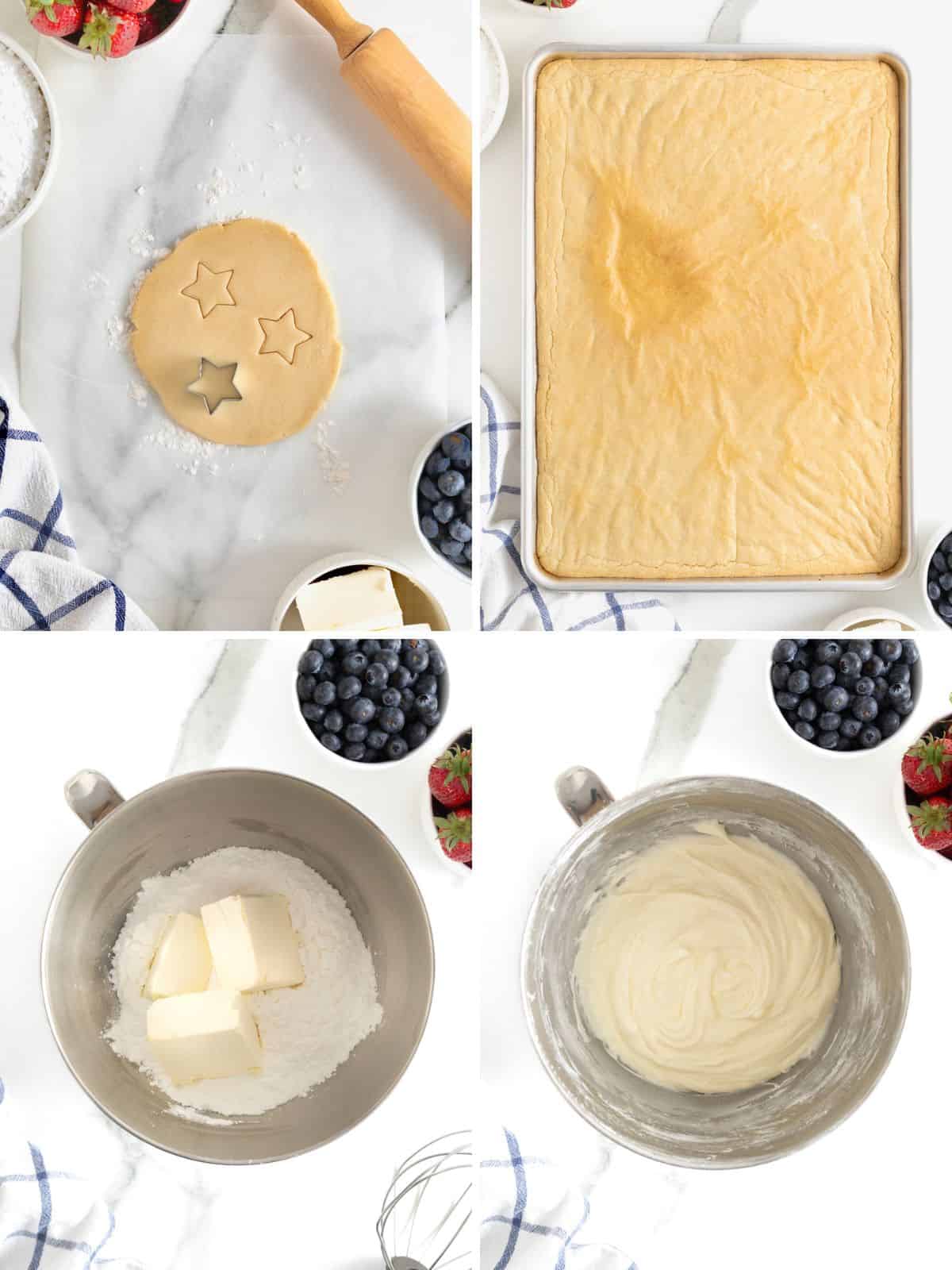 Steps to make an American flag fruit pizza.