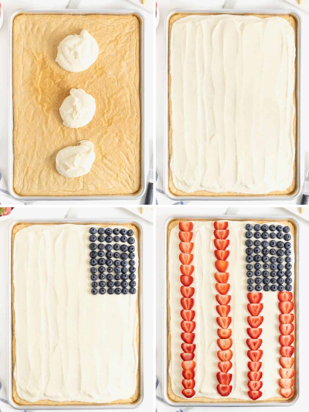 Steps to make an American flag fruit pizza.