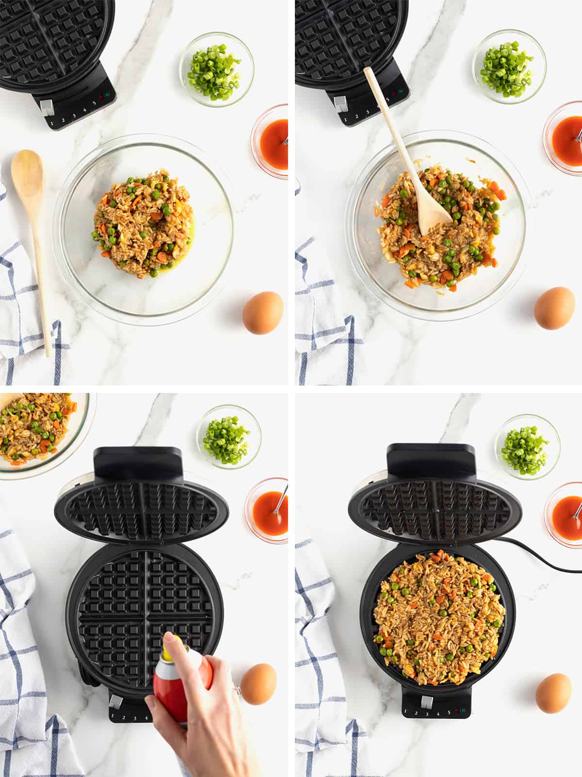 Steps to make a leftover fried rice waffle.