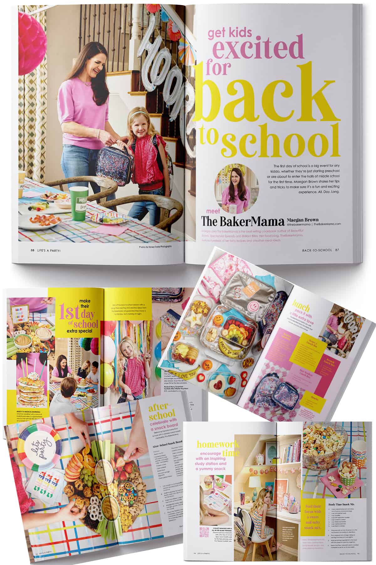 A collage of a magazine layout featuring school lunch boxes, first day of school celebrations and after school snacks.