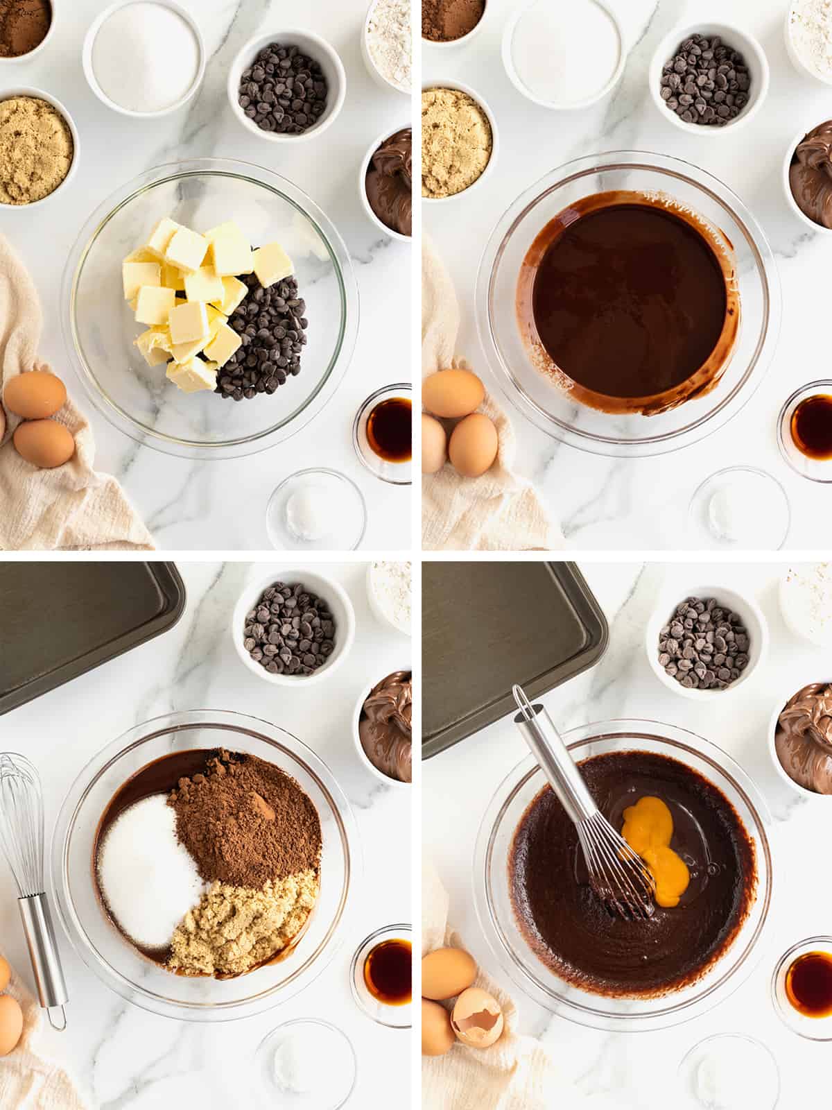 Steps to make Nutella brownie batter.