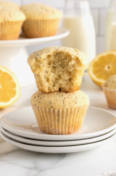 Two lemon poppy seed muffins on a stack of white plates.