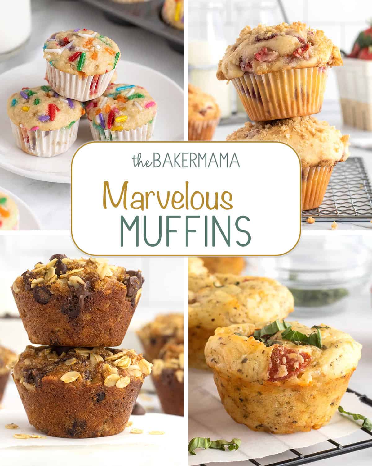 Birthday breakfast mini muffins, strawberry streusel muffins, oatmeal chocolate chip greek yogurt muffins, pizza muffins.