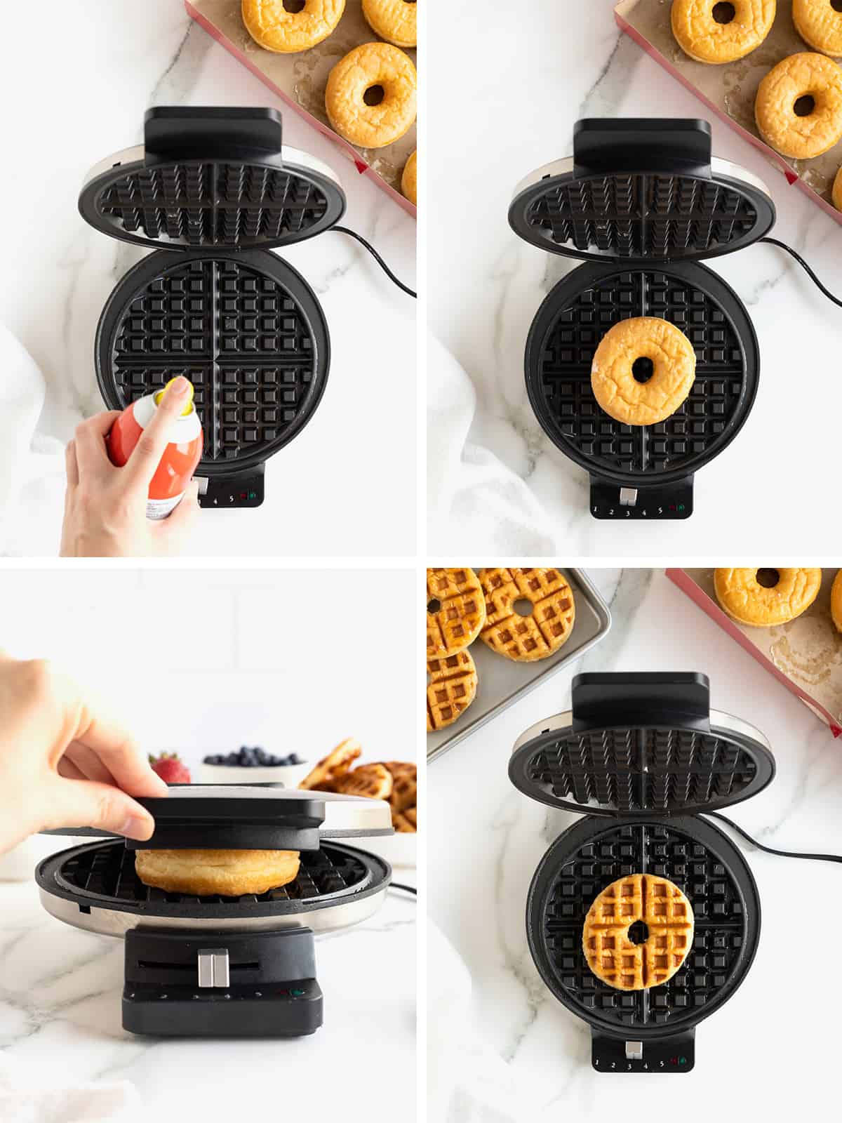 Steps to making waffles out of donuts.