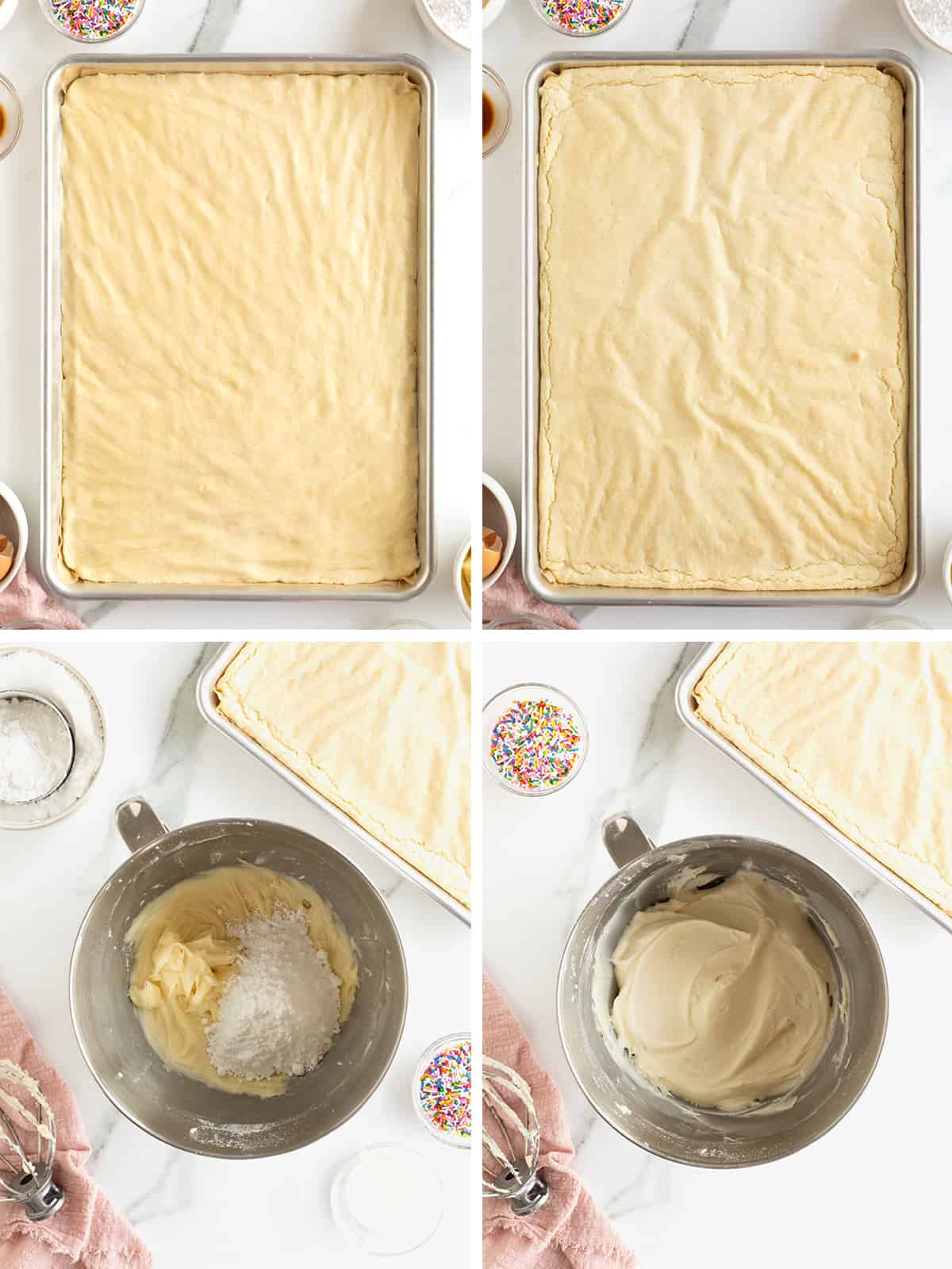 Steps to make sugar cookie bars and cream cheese icing.