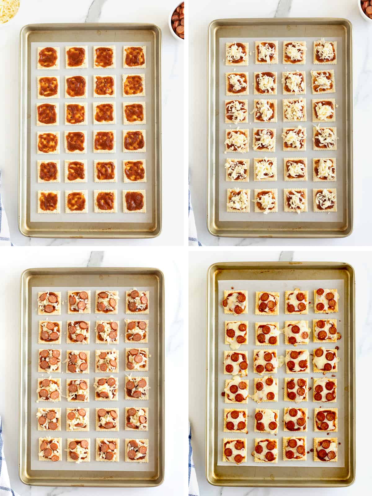 How to make pizza bites on saltine crackers with mozzarella and mini pepperoni. 